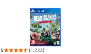Caja del videojuego Dead Island 2 para PS4, edición Day One. Un personaje descansa en una piscina con un flamenco rosa, rodeado de palmeras.