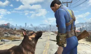 Un superviviente con traje azul de Vault-Tec y su fiel perro se miran en un camino desolado, listos para enfrentar los requisitos de Fallout 4.