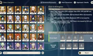 Selección de personajes para una Genshin Impact tier list, mostrando héroes de nivel 90 y la configuración de equipo.