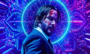 John Wick, con sangre en el rostro, mira fijamente bajo un halo azul neón. El fondo, un intrincado diseño geométrico en tonos morados y azules, anticipa la acción de John Wick 5.