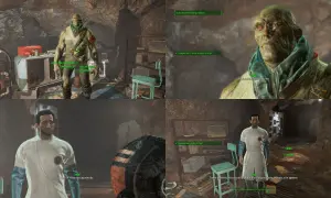Virgil, un mutante con gafas, habla con el jugador en Fallout 4. Las facciones de Fallout 4 se ven en este diálogo.