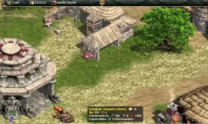 Un asentamiento en Imperium 3, con un templo de piedra, casas de paja y un árbol frondoso. ¡Descubre trucos para dominar el juego!