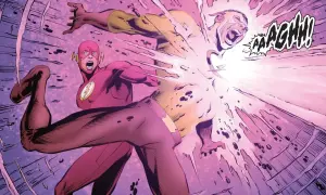 Wally West Flash golpea a su oponente, quien grita de dolor.