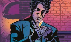 Un hombre con cabello rizado, parecido al profesor X, enciende un cigarrillo con un encendedor. Fondo de ladrillos y luz morada.
