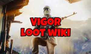 Un personaje con equipo táctico y un rifle, con el texto "VIGOR LOOT WIKI" superpuesto.