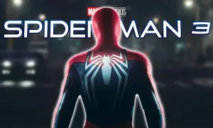 El traje de Spiderman 3 PS5 se ilumina en la noche, listo para la acción.