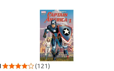 Portada del cómic "Captain America" de Steve Rogers, con él y otros héroes corriendo frente a un edificio gubernamental.