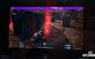 Jugador de PUBG PC en combate contra un enemigo con un rayo rojo. El escenario es desolado y lleno de escombros.