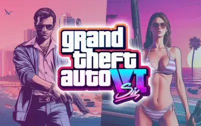 El arte promocional de GTA 6 muestra a un hombre con gafas de sol y una mujer en bikini, ambos armados, con un paisaje de ciudad y playa de fondo.