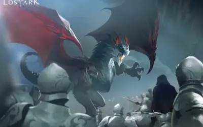 Un dragón furioso se cierne sobre caballeros armados, una escena épica de Lost Ark.