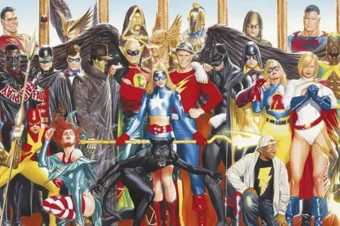 Un grupo diverso de superhéroes, incluyendo a Superman y Shazam, posan juntos. Representan la fuerza y la unidad de la sociedad de la justicia.