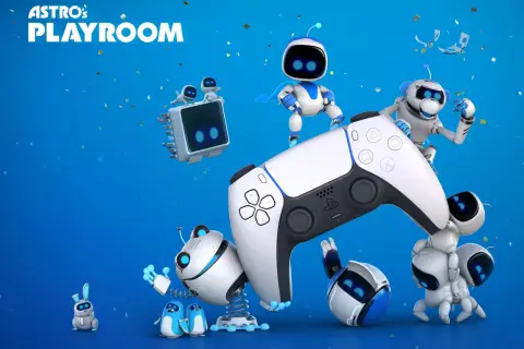 Astro y sus amigos celebran con confeti, rodeando un control de PS5. ¡Una imagen divertida para tus juegos gratis PS5!