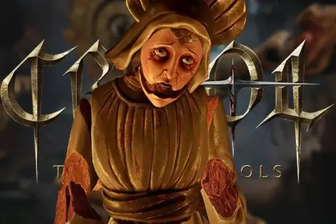 Una figura de marioneta con rostro macabro y vestimenta dorada, rodeada por el logo de "CRISOL THEATER OF IDOLS" con espadas ensangrentadas.