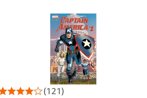Portada del cómic "Captain America" de Steve Rogers, con él y otros héroes corriendo frente a un edificio gubernamental.