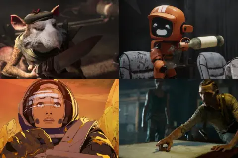 Un ratón con cuchillo, un robot sirviendo vino, una astronauta y un hombre enigmático. Escenas de **amor, muerte y robots**.
