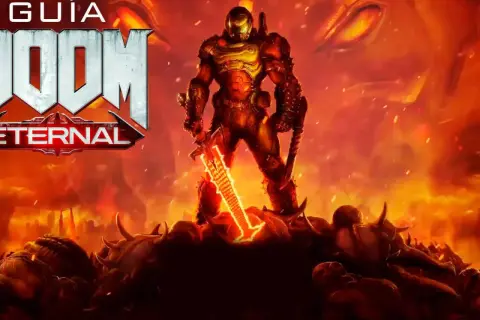 La **guía Doom Eternal** muestra al Slayer con su espada de energía sobre un montón de demonios, con un ojo infernal al fondo.