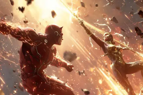 Daredevil y una guerrera dorada en pleno combate, chispas y escombros vuelan. ¿Quién ganará en Marvel Rivals tier list?