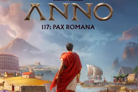 Un hombre con toga mira un paisaje que evoca el anno 117 pax romana, con un coliseo, un volcán y un asentamiento costero.