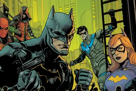 Batman, Nightwing, Batgirl, Red Hood y Robin se preparan para la acción en esta viñeta de Gotham Knights comic.