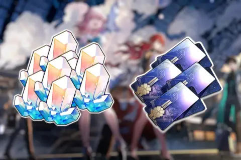 Cristales brillantes y tarjetas con diseños cósmicos, elementos clave para canjear códigos Honkai Star Rail y potenciar tu aventura.