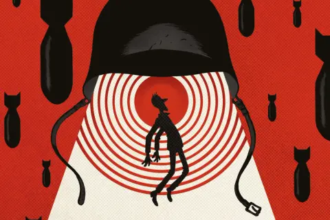 Silueta de hombre bajo casco militar, rodeado de bombas. Una imagen impactante que evoca las mejores novelas gráficas de guerra.