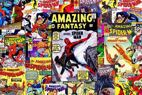 Collage de **comic spiderman viñetas** con el héroe en acción, enfrentando villanos y salvando el día en diversas portadas clásicas.