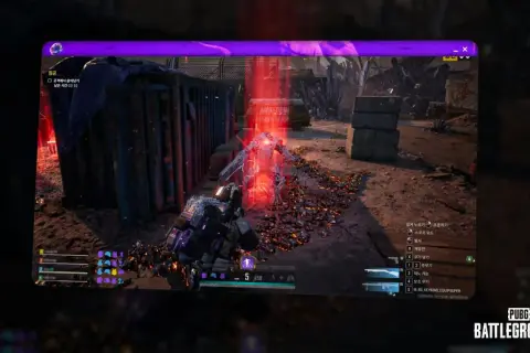 Jugador de PUBG PC en combate contra un enemigo con un rayo rojo. El escenario es desolado y lleno de escombros.