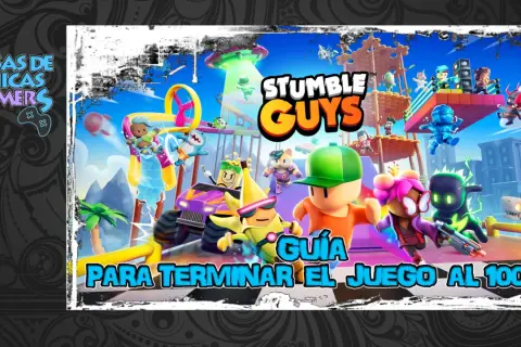Personajes de Stumble Guys compiten en una carrera de obstáculos con el logo del juego y texto "Guía para terminar el juego al 100%".
