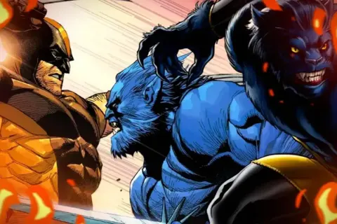 Wolverine y la bestia X-Men se enfrentan en una batalla épica, rodeados de llamas.