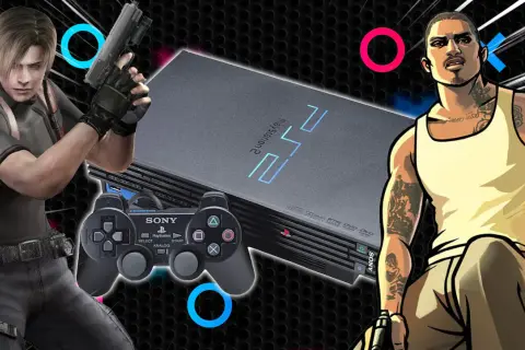 Leon S. Kennedy y CJ de GTA San Andreas junto a una PlayStation 2, evocando los mejores juegos PS2.