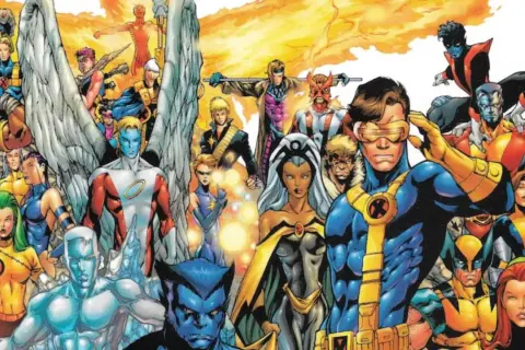 Un grupo diverso de mutantes de X-Men Marvel, incluyendo a Cíclope, Tormenta, Lobezno y Bestia, se preparan para la batalla.