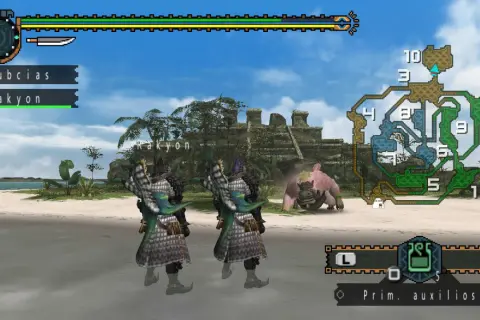 Dos cazadores se preparan para la batalla contra un monstruo rosado en una playa tropical, con ruinas antiguas al fondo. ¡Una escena clásica de Monster Hunter PSP!