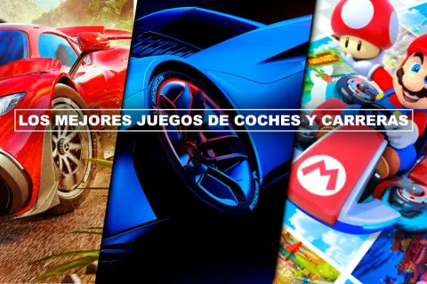 Los mejores juegos de coches PC: un superdeportivo rojo, un coche azul futurista y Mario Kart.