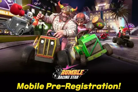 Personajes caricaturescos compiten en un rumble rush de karts. ¡Pre-registro móvil disponible!