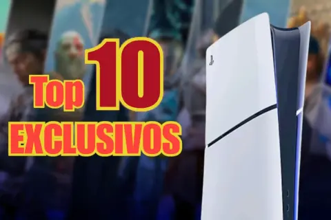 Top 10 juegos exclusivos PS5. La consola PS5 junto a imágenes de personajes de videojuegos icónicos.