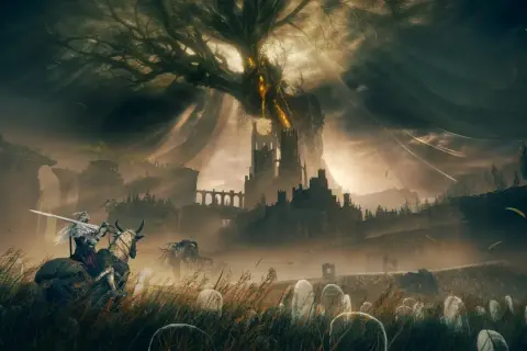 Un caballero a caballo avanza por un campo de tumbas hacia un castillo imponente bajo un árbol gigante. Una escena épica de juegos de rol pc.