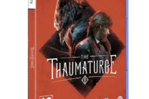 El juego "The Thaumaturge" muestra a un hombre con un traje oscuro y una criatura sombría detrás de él, con un fondo rojo vibrante.