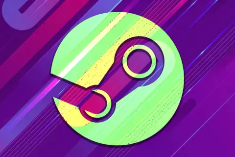 El logo de Steam en colores vibrantes sobre un fondo morado con líneas diagonales. ¡Ideal para encontrar juegos gratis en Steam!