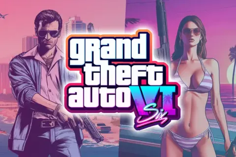 El arte promocional de GTA 6 muestra a un hombre con gafas de sol y una mujer en bikini, ambos armados, con un paisaje de ciudad y playa de fondo.