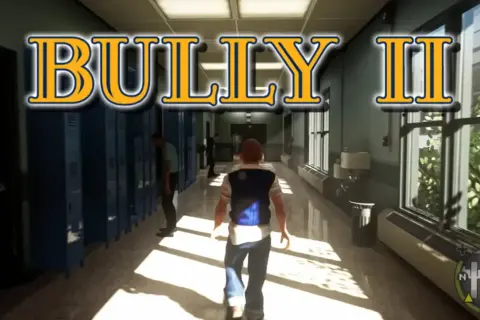 El pasillo de una escuela con casilleros azules y el título "BULLY II". Un estudiante camina hacia la cámara.