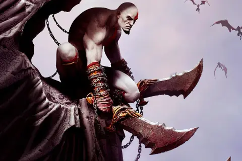 Kratos, el dios de la guerra, se agazapa con sus espadas del caos. Criaturas aladas vuelan en el cielo.