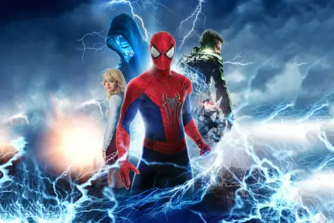 Spider-Man, Gwen Stacy, Electro y Green Goblin en una tormenta eléctrica. El arte de the amazing spider-man comic es épico.