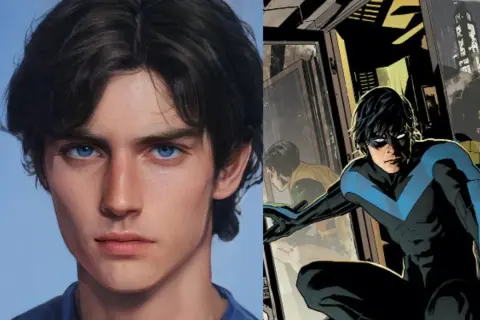 Retrato de Dick Grayson con ojos azules intensos y una imagen de él como Nightwing en acción.