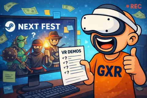 Un entusiasta de la RV con gafas y una lista de "VR DEMOS" celebra el Steam Next Fest. Personajes de juegos en pantalla.
