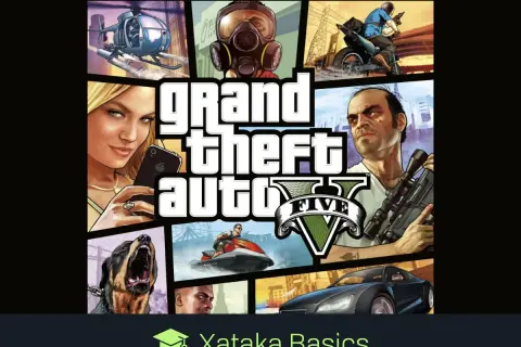 Portada de GTA V con personajes y vehículos. Descubre trucos GTA 5 PC para dominar Los Santos.