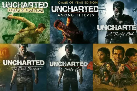 Collage de portadas de la saga Uncharted, mostrando a Nathan Drake en diversas aventuras.