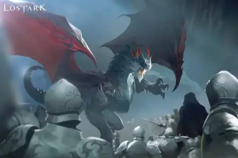 Un dragón furioso se cierne sobre caballeros armados, una escena épica de Lost Ark.