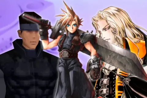 Personajes icónicos de los mejores juegos PS1: Snake, Cloud y Alucard.