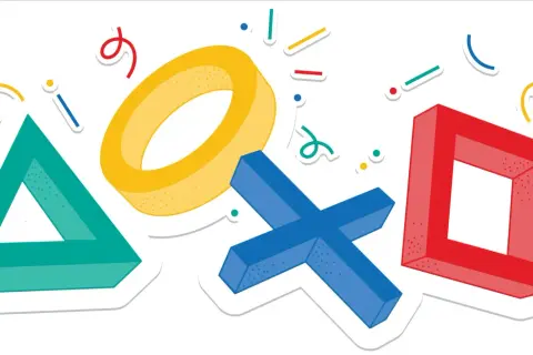 Los icónicos símbolos de PlayStation (triángulo, círculo, cruz y cuadrado) celebran un "playstation wrapped" con confeti y líneas de colores.