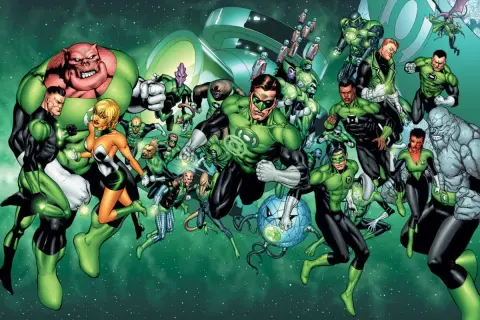 Un grupo diverso de Linternas Verdes de DC, liderados por Hal Jordan, se preparan para la batalla en el espacio.